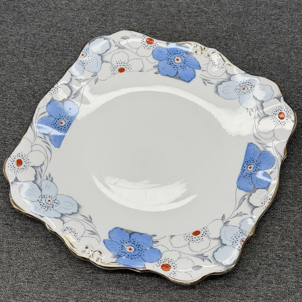 Vintage Bell Fine China England Square Plate 6" Blue Floral Scalloped Gold Trim